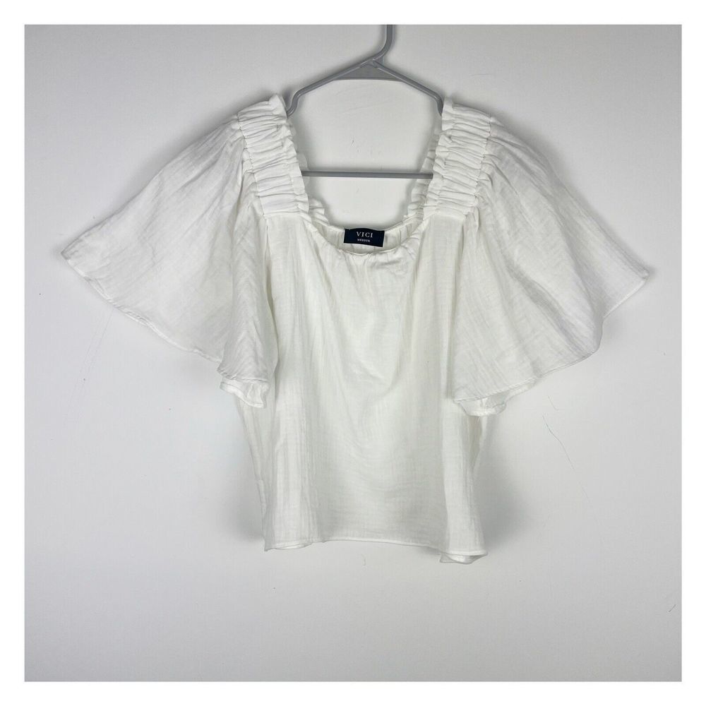 VICI White Gauzy Square  Neck Off Shoulder Ruffle Sleeve Swing Top Medium​​​​​